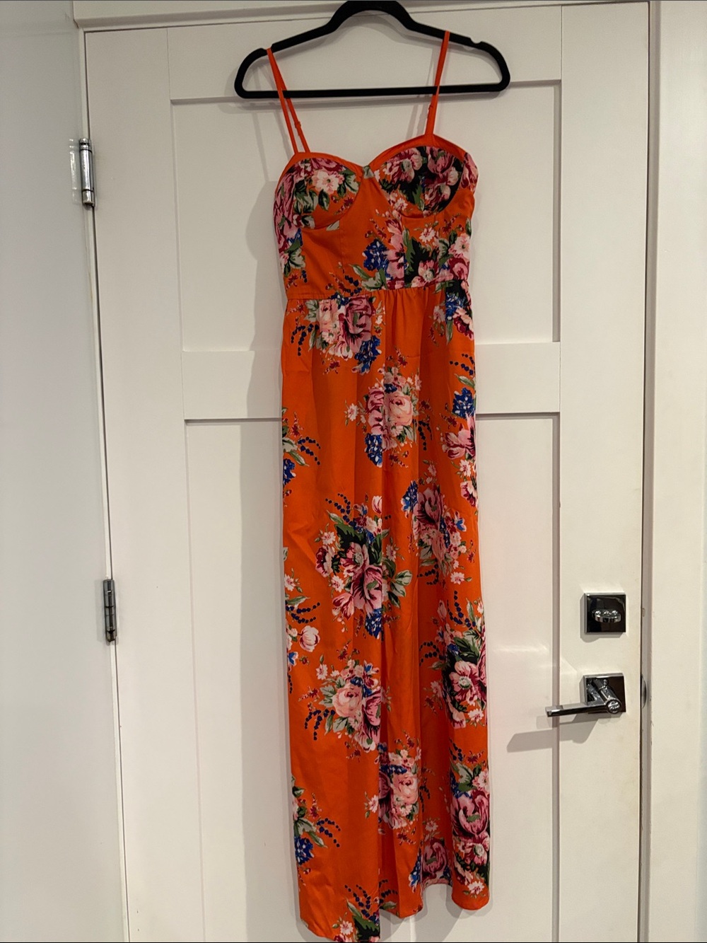 Orange Floral Maxi Dress with Spaghetti Straps
